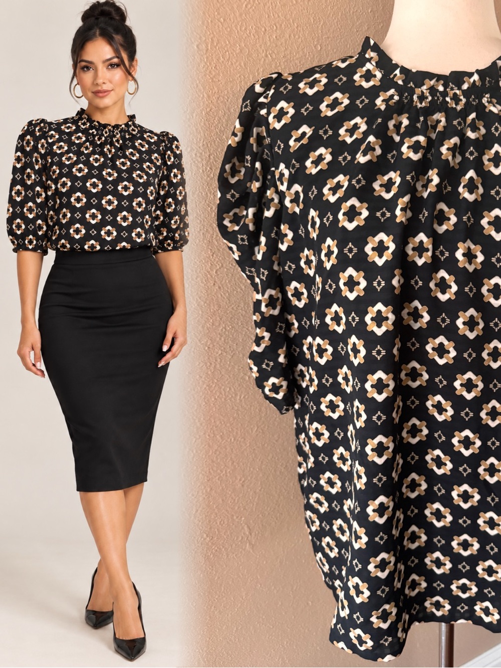 LOFT Black Blouse with Beige and White Floral Geometric Print